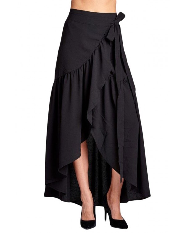 Black Frilled Wrap Maxi Skirt