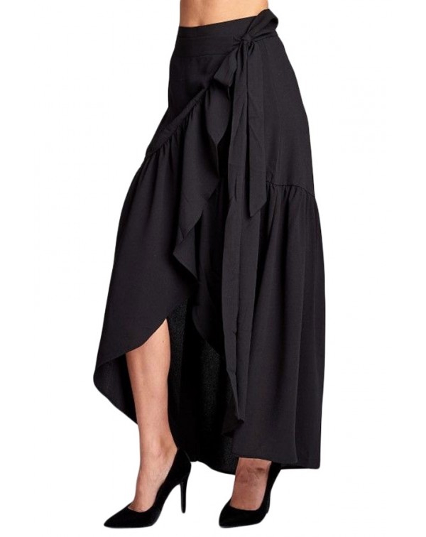 Black Frilled Wrap Maxi Skirt