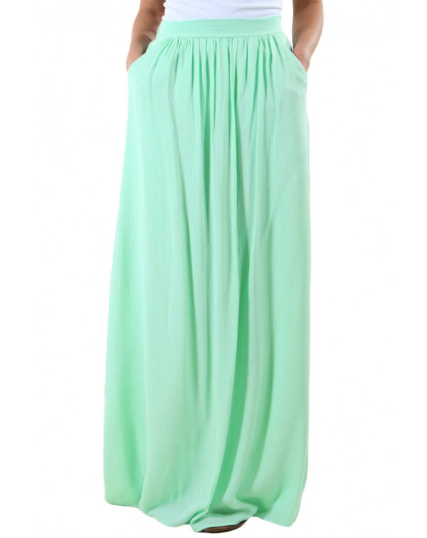 Mint Elastic Waist Pleated Gauze Maxi Skirt with L...