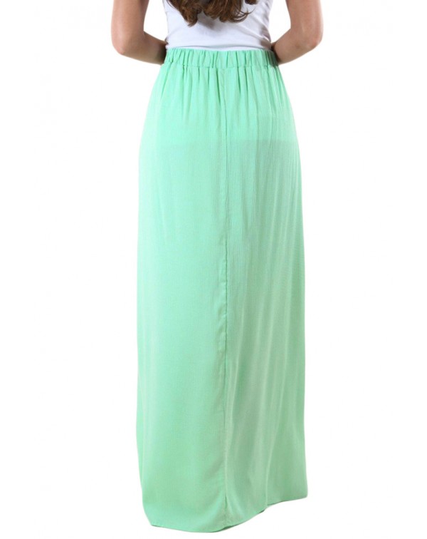 Mint Elastic Waist Pleated Gauze Maxi Skirt with Lining