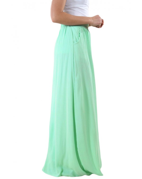 Mint Elastic Waist Pleated Gauze Maxi Skirt with Lining