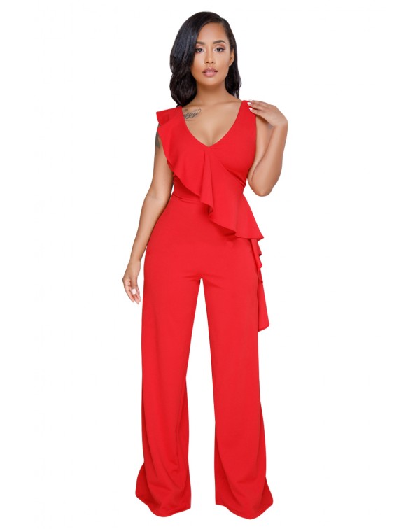 Red Asymmetric Ruffle Trim Wide Leg Jumpsuit