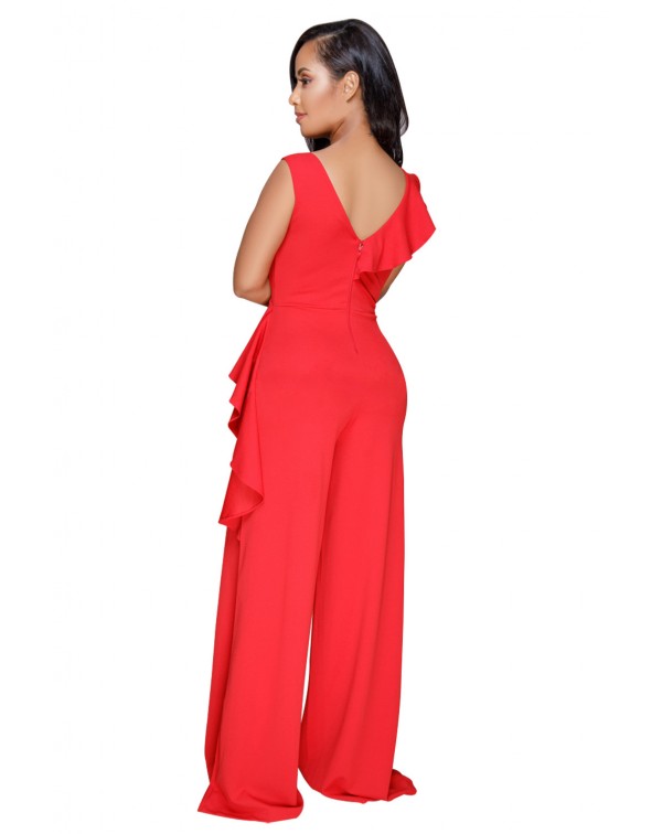 Red Asymmetric Ruffle Trim Wide Leg Jumpsuit