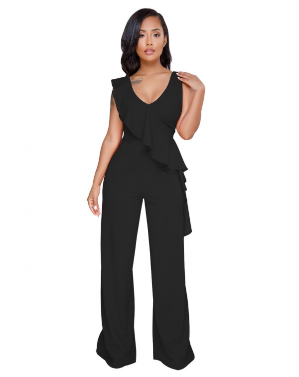 Black Asymmetric Ruffle Trim Wide Leg Jumpsuit