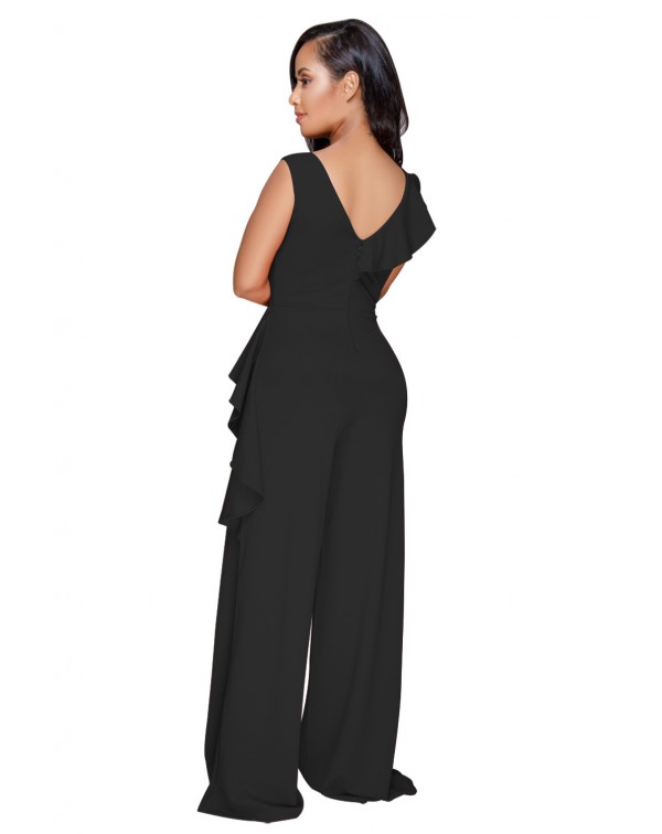 Black Asymmetric Ruffle Trim Wide Leg Jumpsuit