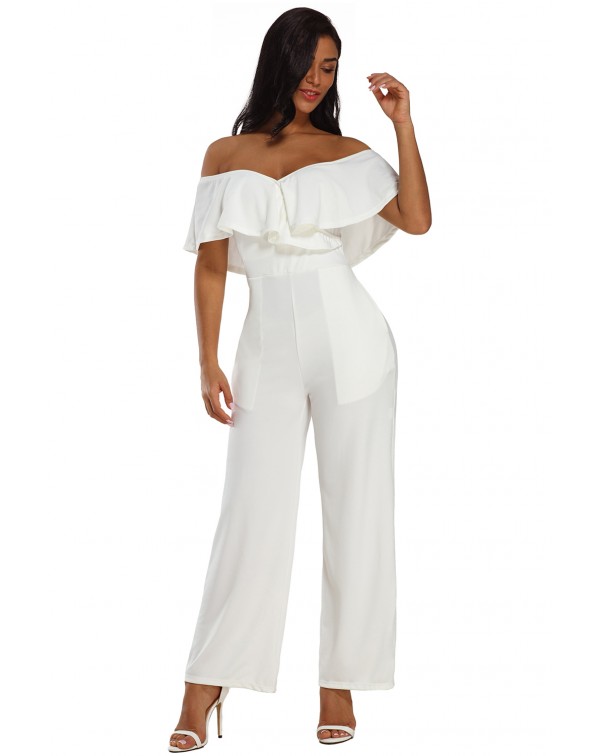 White Ruffle Off Shoulder Wide Leg Jumpsuit