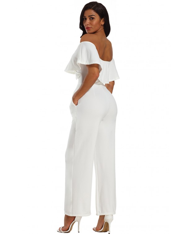 White Ruffle Off Shoulder Wide Leg Jumpsuit