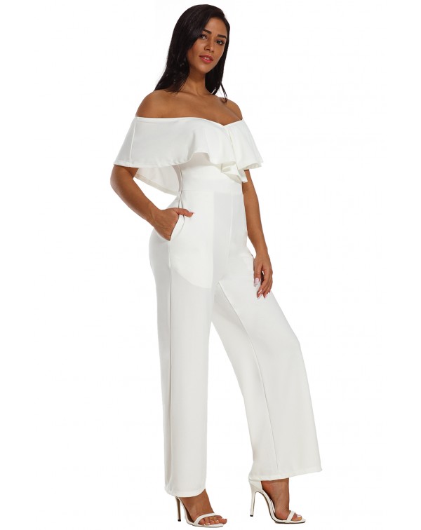 White Ruffle Off Shoulder Wide Leg Jumpsuit