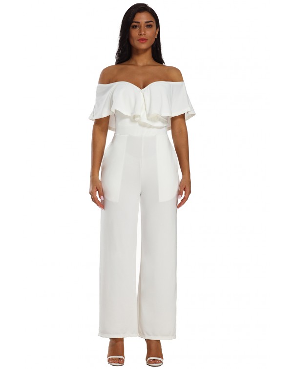 White Ruffle Off Shoulder Wide Leg Jumpsuit