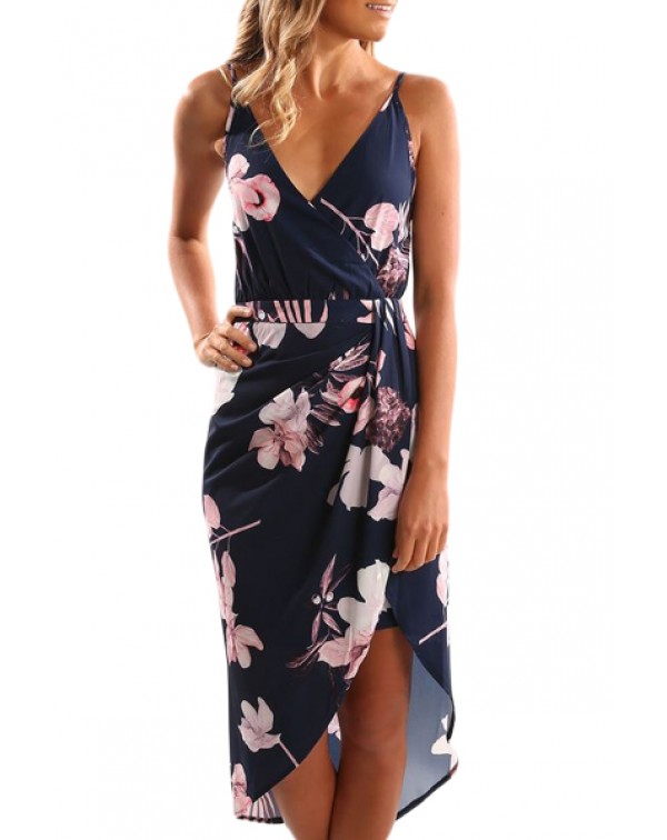 Deep V Neck Floral Print Boho Dress in Navy Blue