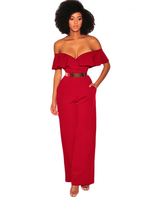 Wine Ruffle Off Shoulder Wide Leg Jumpsuit