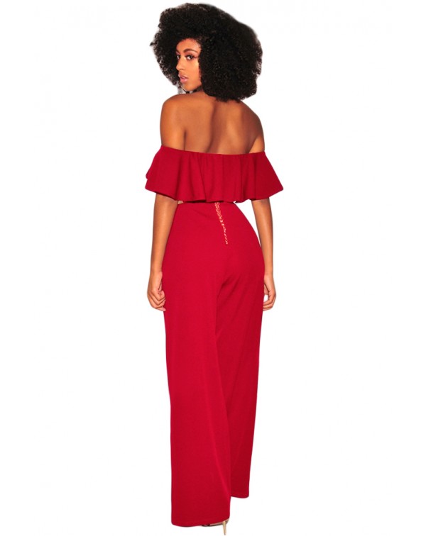 Wine Ruffle Off Shoulder Wide Leg Jumpsuit