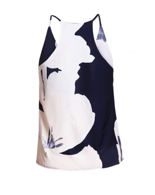 Blue Random Floral Print V-neck Cami with Zipper Design