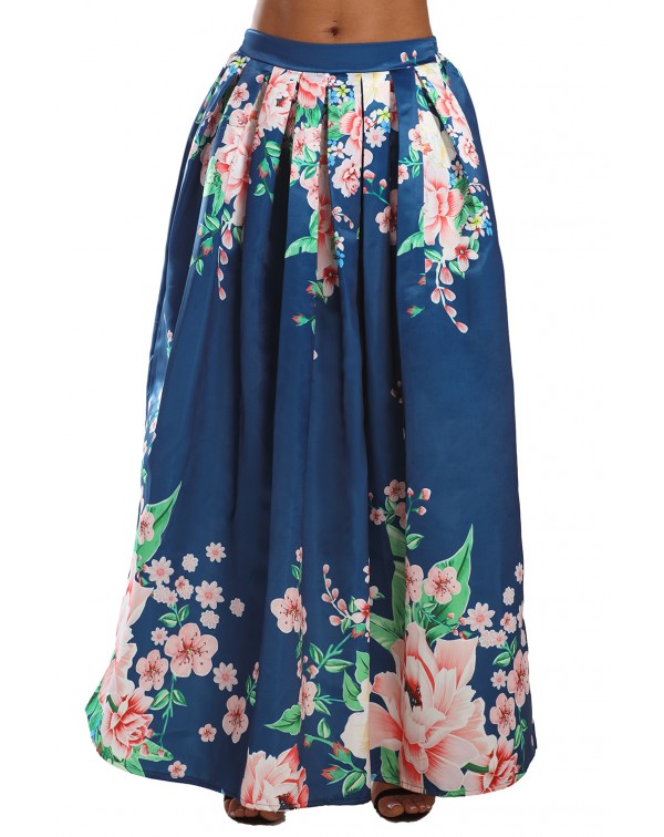 Navy Coral Floral Elegant Flared Maxi Skirt