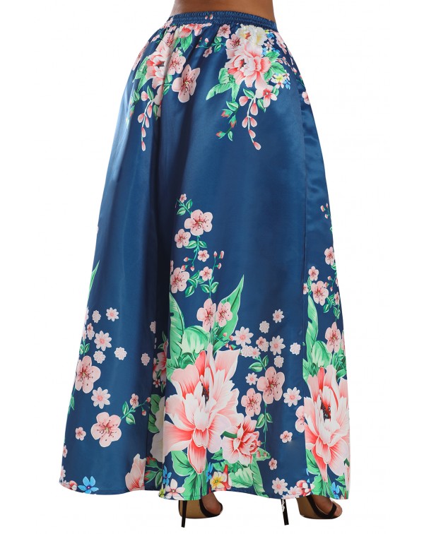 Navy Coral Floral Elegant Flared Maxi Skirt