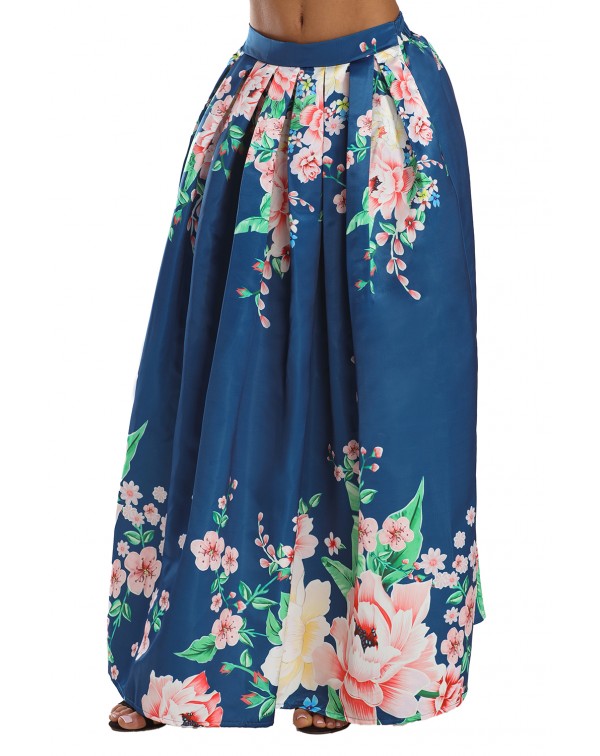 Navy Coral Floral Elegant Flared Maxi Skirt