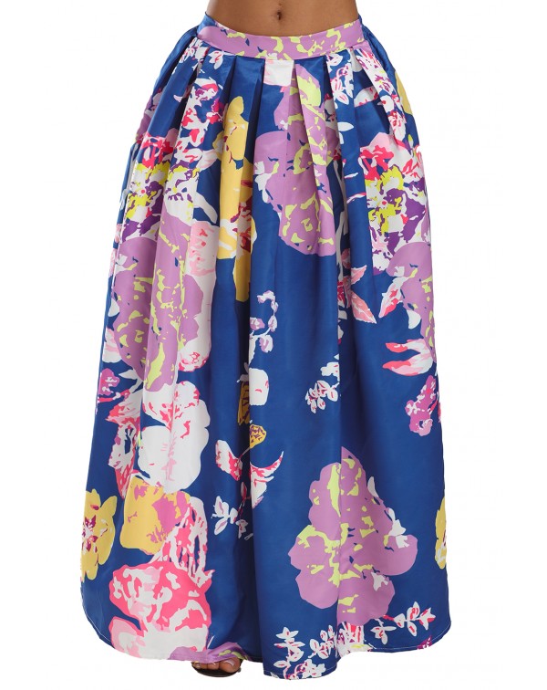 Navy Lilac Floral Elegant Flared Maxi Skirt