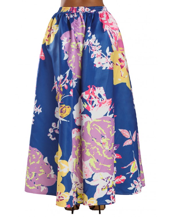 Navy Lilac Floral Elegant Flared Maxi Skirt