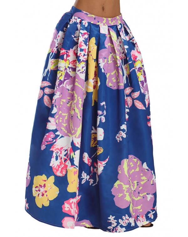 Navy Lilac Floral Elegant Flared Maxi Skirt