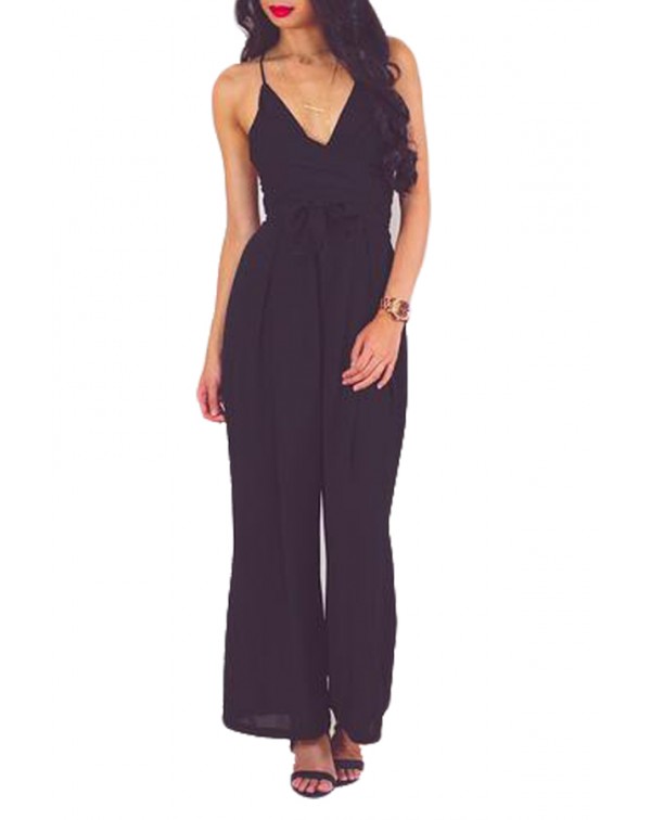 Black Wrap and Tie Sexy Open Back Jumpsuit