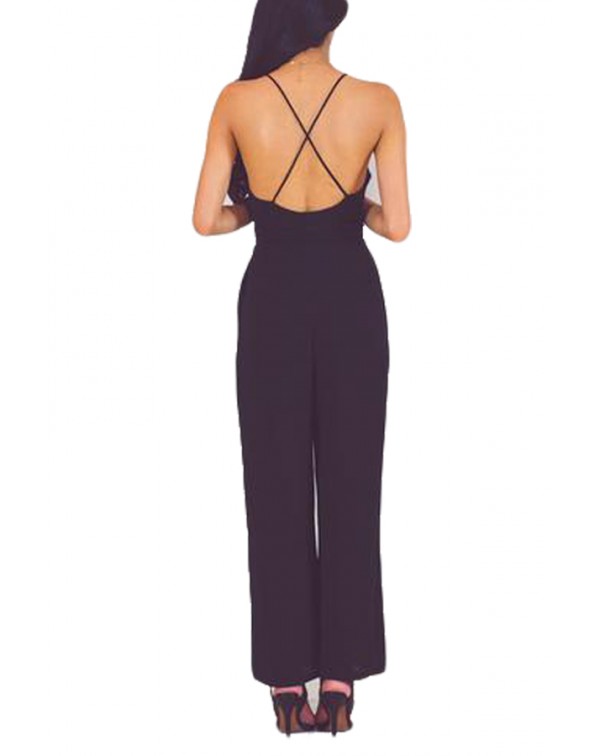 Black Wrap and Tie Sexy Open Back Jumpsuit