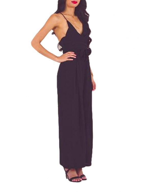 Black Wrap and Tie Sexy Open Back Jumpsuit