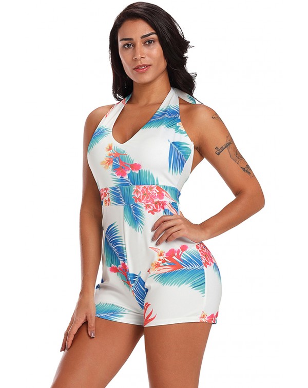 White Tropical Print Self-tie Halter Romper