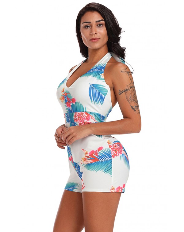 White Tropical Print Self-tie Halter Romper