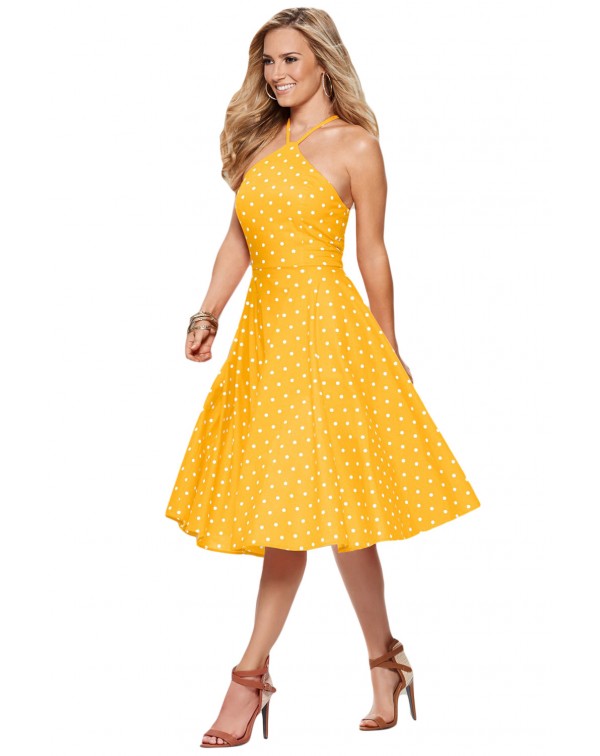 Yellow White Polka Dot Flared Vintage Dress