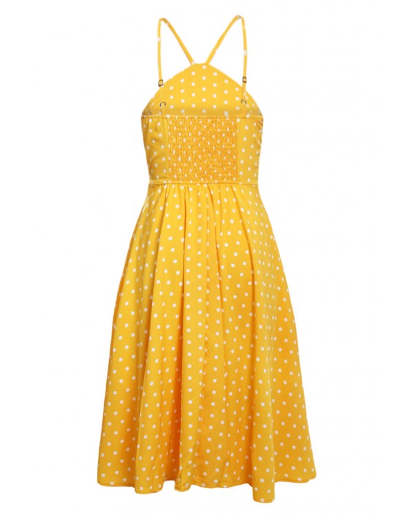 Yellow White Polka Dot Flared Vintage Dress