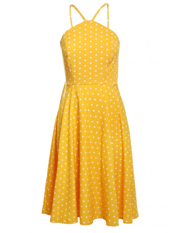 Yellow White Polka Dot Flared Vintage Dress