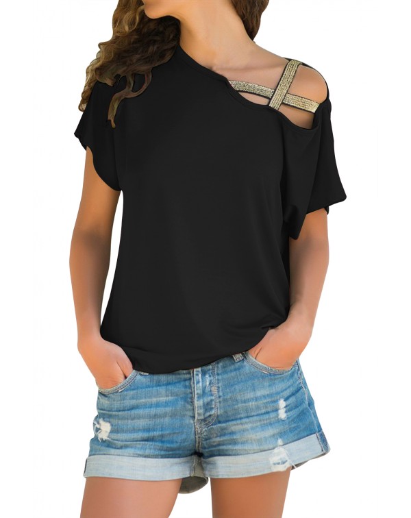 Glittery Cross Shoulder Detail Black Short Sleeve ...