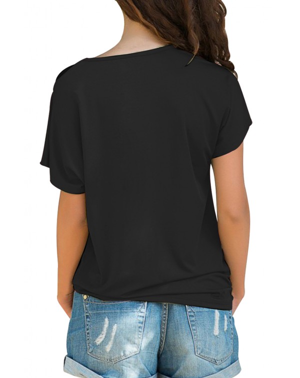 Glittery Cross Shoulder Detail Black Short Sleeve Tee