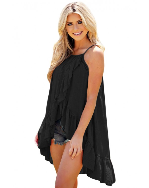 Black Ruffle Wrap Spaghetti Straps Vest Top