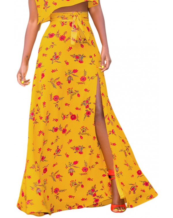 Yellow Floral Thigh Slit Maxi Skirt