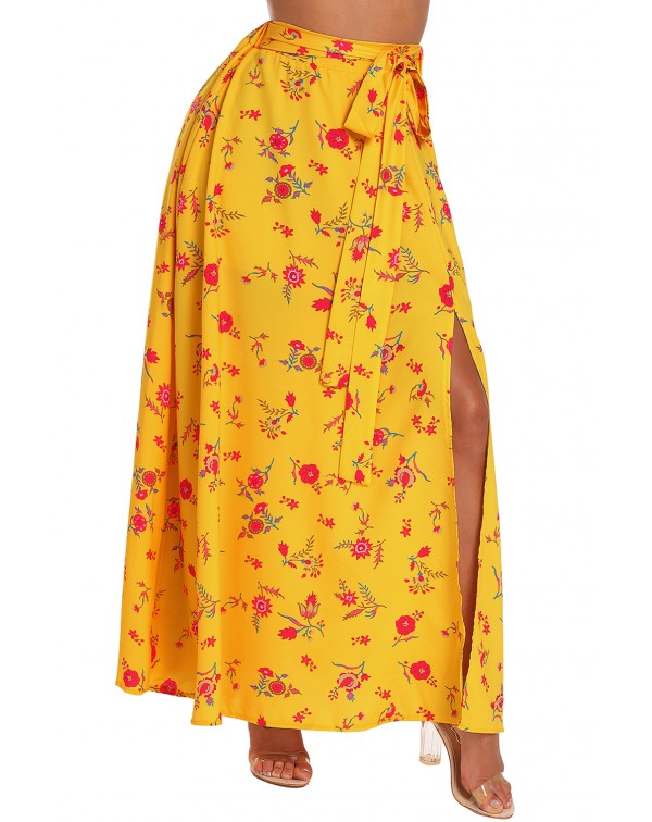 Yellow Floral Thigh Slit Maxi Skirt