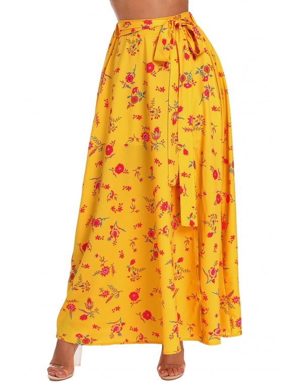 Yellow Floral Thigh Slit Maxi Skirt