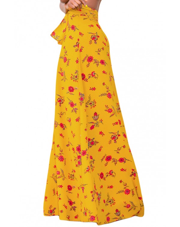 Yellow Floral Thigh Slit Maxi Skirt