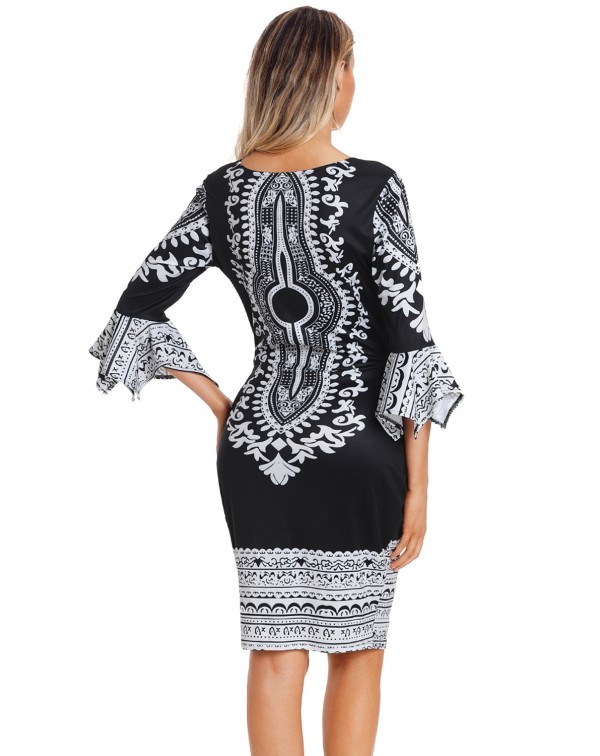 Vintage Floral Print Flare Sleeve Bodycon Dress