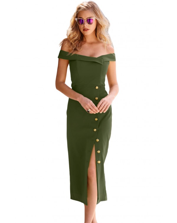 Green Military Button Off-The-Shoulder Vintage Dre...