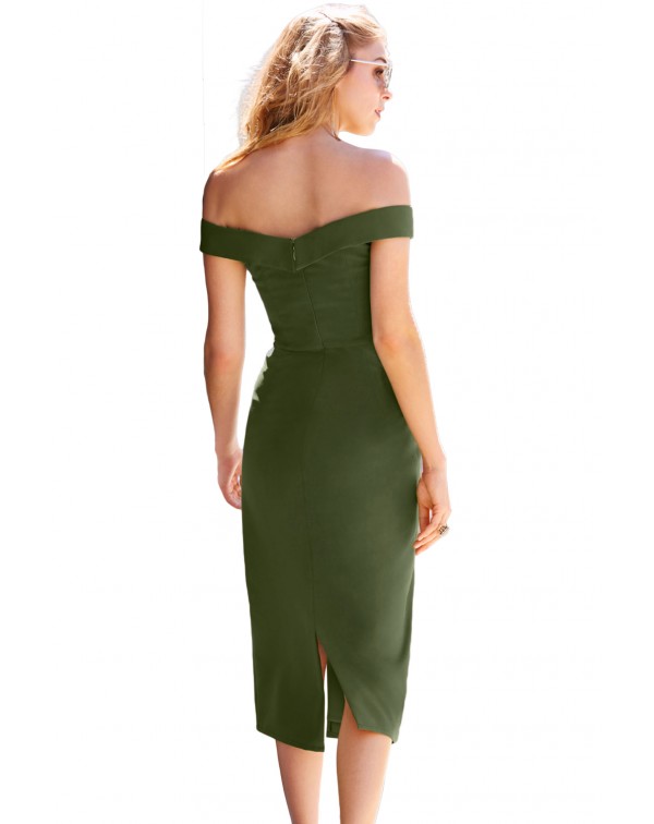 Green Military Button Off-The-Shoulder Vintage Dress