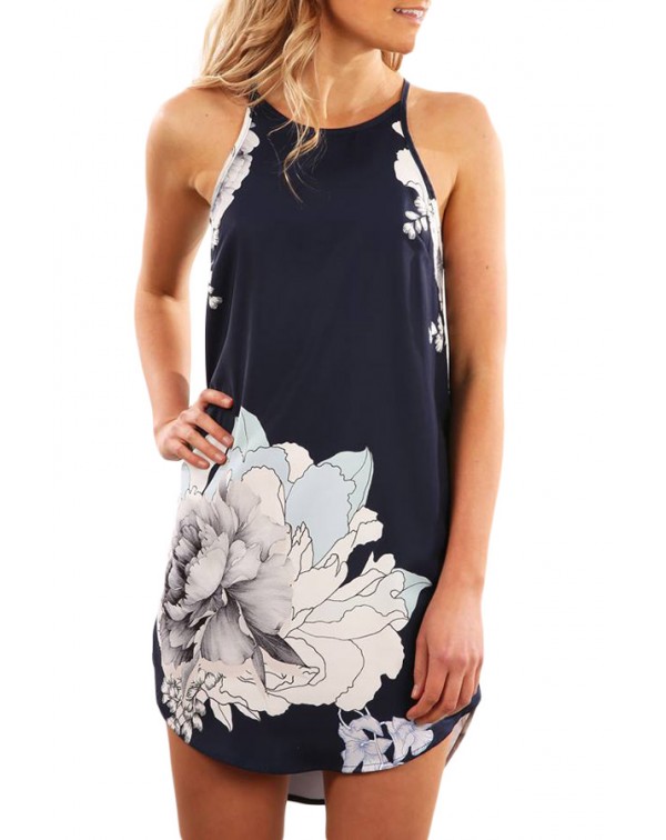 Blooming Peony Print Navy Sleeveless Dress