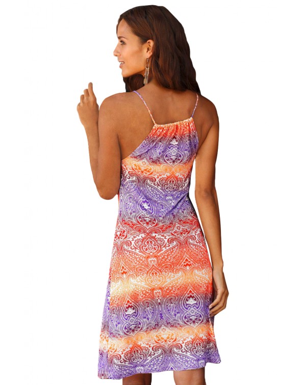 Purple Orange Bicolor Bohemian Print Keyhole Front Dress