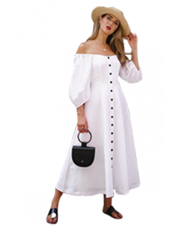 White Off Shoulder Puff Sleeve Button Front Vintag...