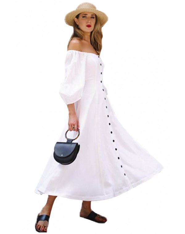 White Off Shoulder Puff Sleeve Button Front Vintage Dress