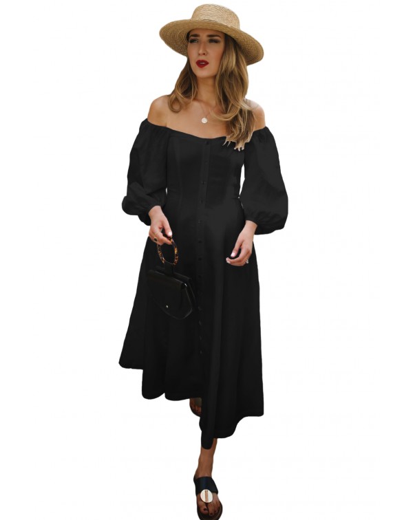 Black Off Shoulder Puff Sleeve Button Front Vintag...