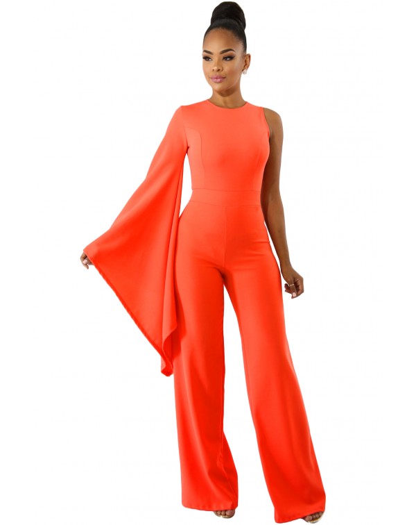 Orange Single Bell Sleeve Wide Leg Jumpsuit