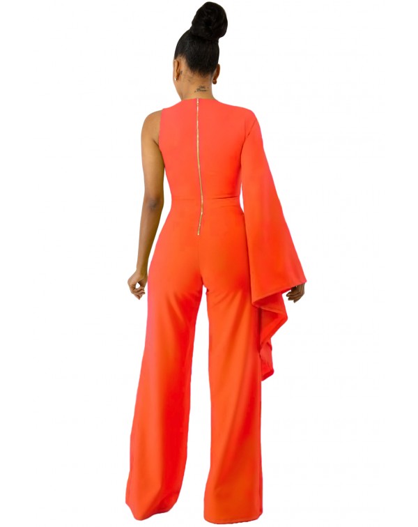 Orange Single Bell Sleeve Wide Leg Jumpsuit