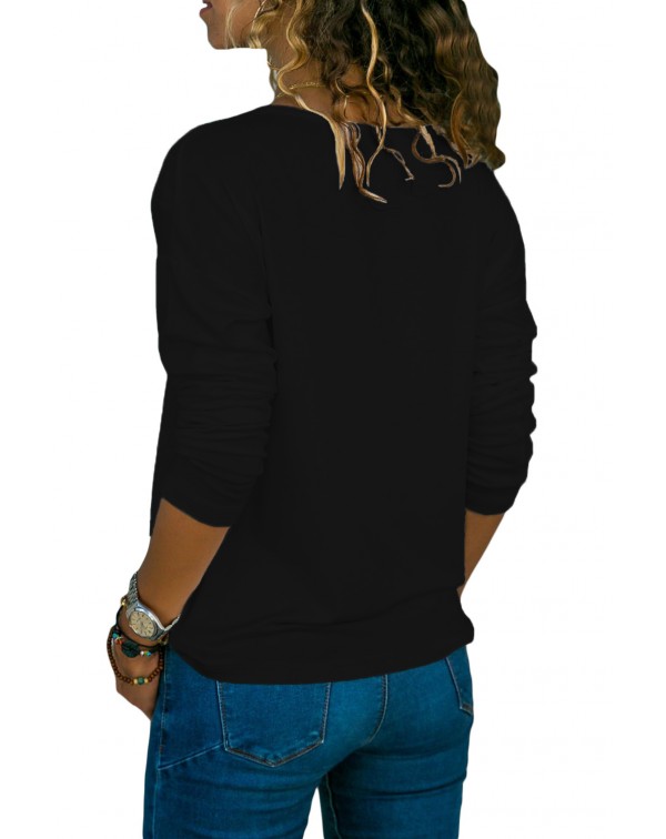 Black Long Sleeve V Neck Casual Top