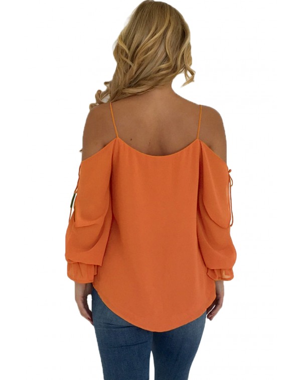 Orange Spaghetti Strap Cold Shoulder Long Sleeve Top